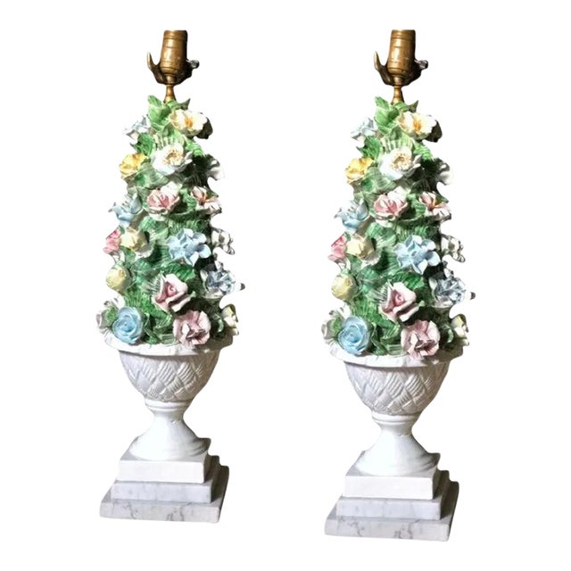 1950s Mid Century Modern Italian Capodimonte Porcelain Topiary Floral Table Lamp For Sale