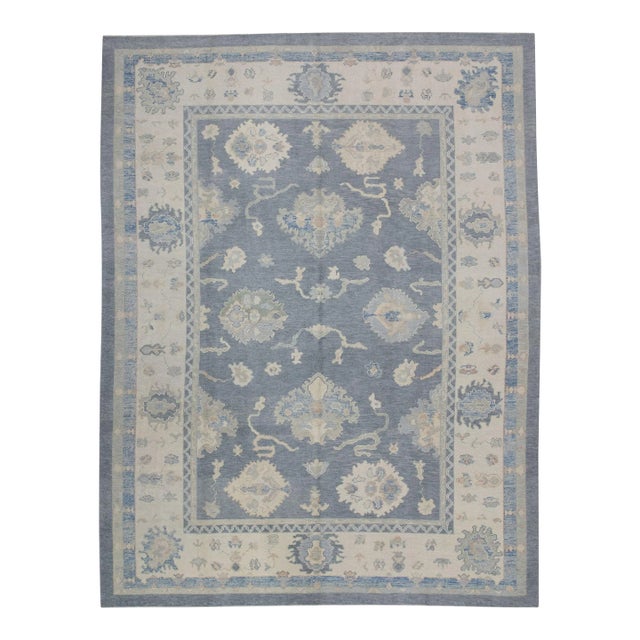 Early 21st Century Gray Floral Design Handwoven Wool Turkish Oushak Rug 9'1" X 11'9" For Sale