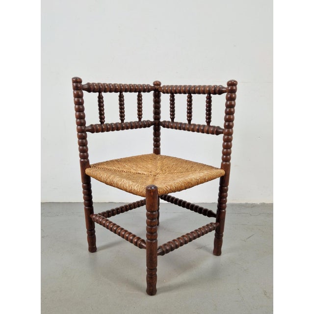 Brown Arts and Craft Style Bobbin Corner Chair in Oak with Rush Seat, 1950s For Sale - Image 8 of 8