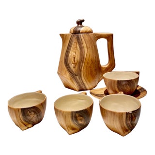 Grandjean Jourdan Mid-Century Modern Vallauris Faux Bois Ceramic Pitcher & Cups - 7 Pieces