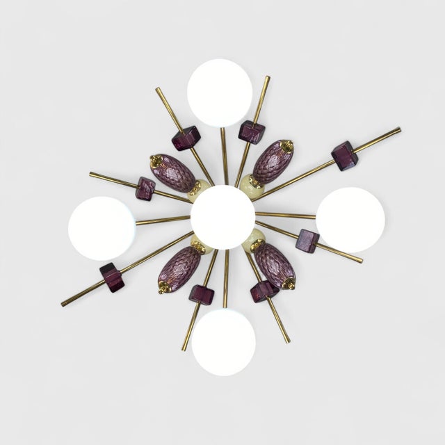 Mid-Century Modern Sputnik Style Ceiling Light in Purple and White Murano Glass, 1950s For Sale - Image 3 of 6
