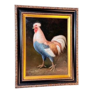 Vintage Rooster Portrait Oil Transfer Painting in Embossed Ebonized Gold Gallery Frame - Signed For Sale