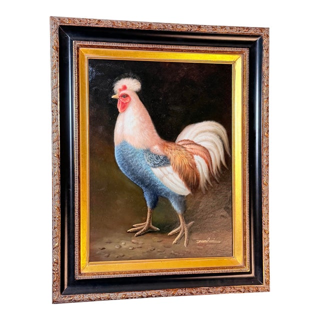 Vintage Rooster Portrait Oil Transfer Painting in Embossed Ebonized Gold Gallery Frame - Signed For Sale