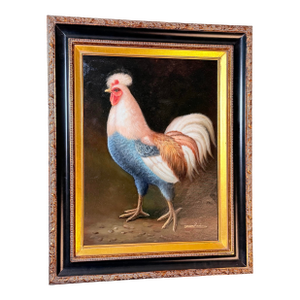 Vintage Rooster Portrait Oil Transfer Painting in Embossed Ebonized Gold Gallery Frame - Signed