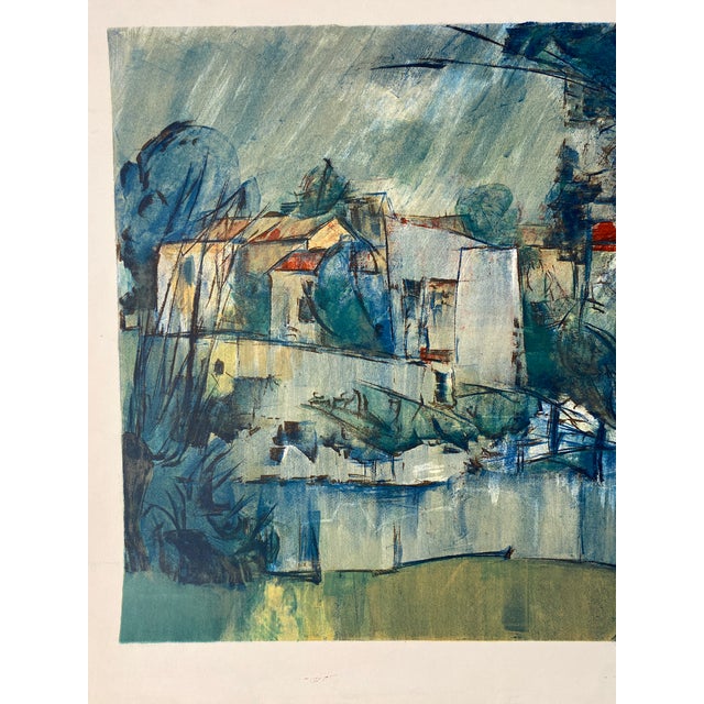 Mid 20th Century Modern Abstract Landscape Print, Blue Green Trees, Houses and Water For Sale - Image 5 of 7