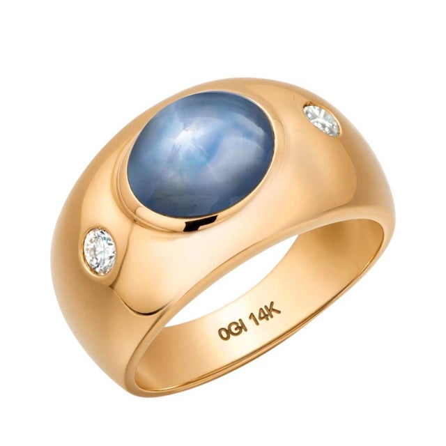 14k Yellow Gold Gia Certified Natural Star Sapphire & Diamond Three-Stone Ring, Size 6.5 For Sale - Image 4 of 9