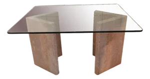 Coffee Table with Travertine Base & Glass Top, 1980s