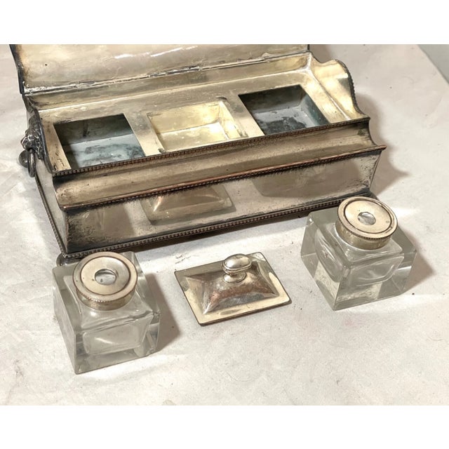 Antique 19th Century Silverplated Copper Glass Jar Desk Inkwell Stand Holder For Sale - Image 14 of 16