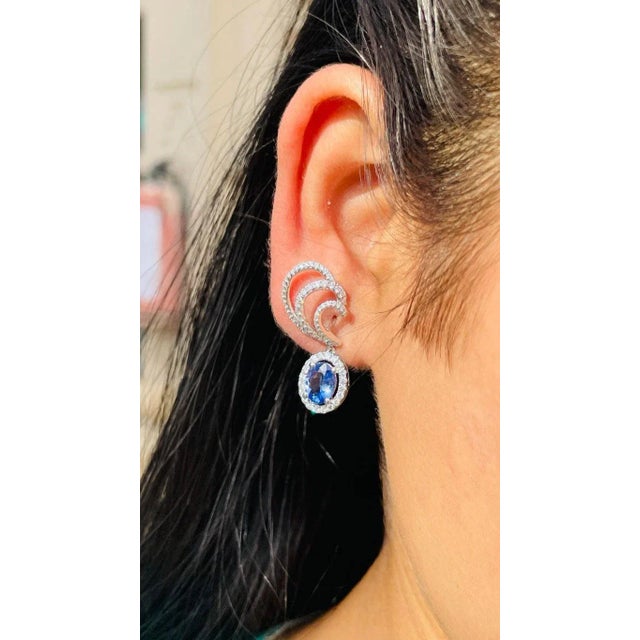Metal 1.98 Carat Tanzanite and Diamond Climber Drop Earrings in 14k White Gold- 2 Pieces For Sale - Image 7 of 13