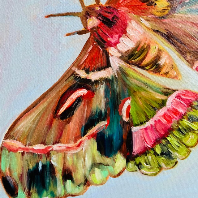 2020s Moth Original Oil Painting, Pink and Green, Faux Bamboo Frame by Tatiana Duperault For Sale - Image 5 of 5