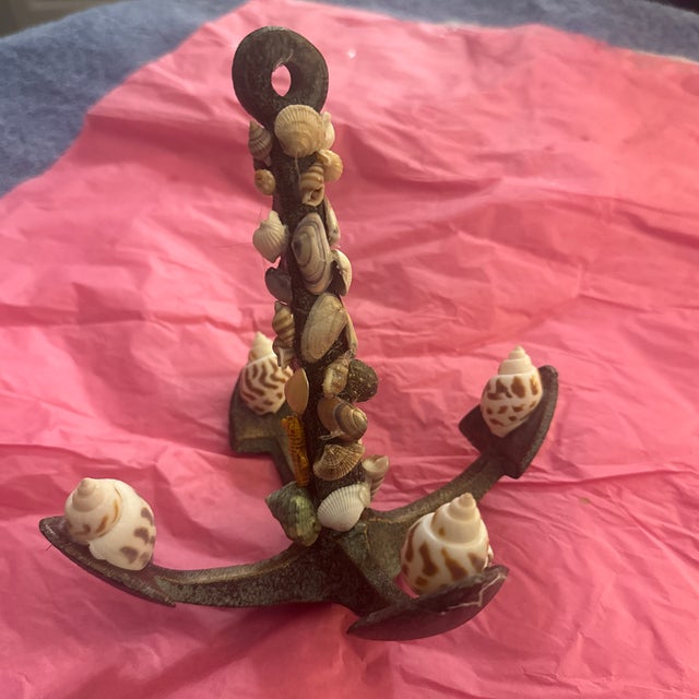 Nautical Nautical Cast Metal Anchor Sculpture Adorned With Natural Seashells For Sale - Image 3 of 10