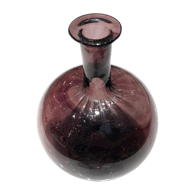 American Zanesville Style Antique Glass Bottle Vase, Handblown Purple Swirl With Ribbed Design For Sale - Image 3 of 18