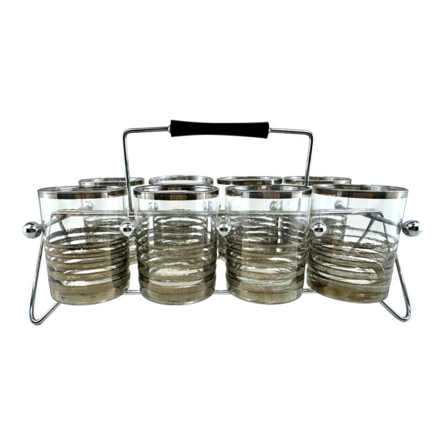 1960s Mid-Century Modern Silver Rim Cocktail Glasses With Chrome Carrier - Set of 8 For Sale