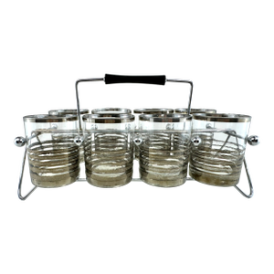1960s Mid-Century Modern Silver Rim Cocktail Glasses With Chrome Carrier - Set of 8