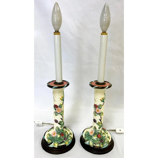 Vintage Italian Ceramic Majolica Candlestick Lamps With Pierced Paper Lampshades- Set of 2 For Sale - Image 11 of 12