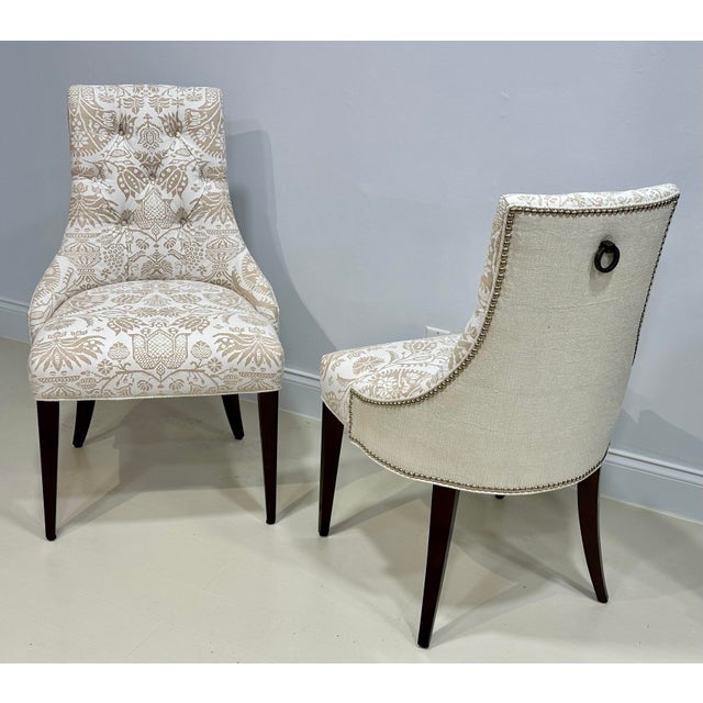 Baker Furniture Thomas Pheasant Upholstered Side Chairs – Newly Reupholstered in Screen-Printed Linen With Rubelli Back (Pair) For Sale - Image 9 of 11