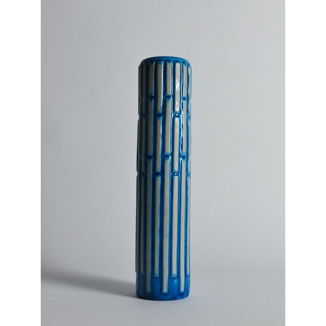 Ceramic Tall Slender Blue Ceramic Cylinder Vase by Carl-Harry Stålhane for Rörstrand, 1960s For Sale - Image 7 of 18