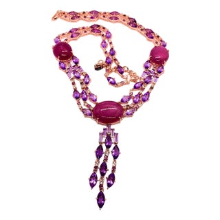 Bochic “Capri” Vintage Art Deco Ruby & Amethyst Necklace Set in 18K & Silver For Sale