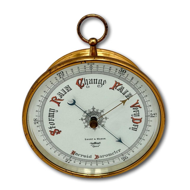 Fine Quality Large Antique Wall Mount Brass, Beveled Glass & Porcelain Dial Barometer by Short & Mason in London For Sale - Image 4 of 18