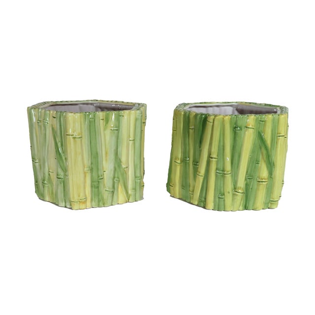Hollywood Regency Chic: Pair of Italian Vintage Faux Bamboo Ceramic Cachepots, Circa 1960s A pair of stylish and highly...