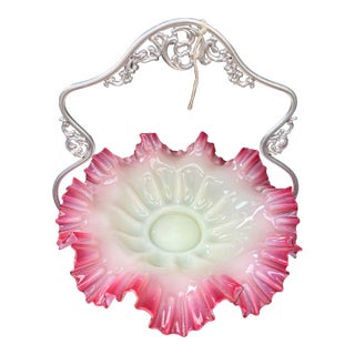 Cranberry Pink Silvercrest Ruffled Uranium Glass Antique Brides Basket For Sale