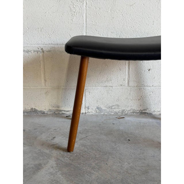 Plastic Danish Modern Teak Ottoman Footstool Black Vinyl Mid Century Scandinavian Stool For Sale - Image 7 of 7