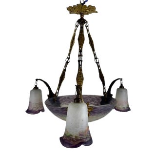 1970s French Nouveau Art Glass 4 Light Chandelier For Sale
