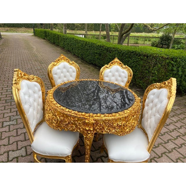 Wood 1970s Italian Baroque Gold Marble Leather Dining Set 5Pc For Sale - Image 7 of 18