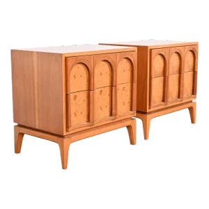 Thomasville Mid-Century Modern Burl Wood Nightstands, Newly Refinished