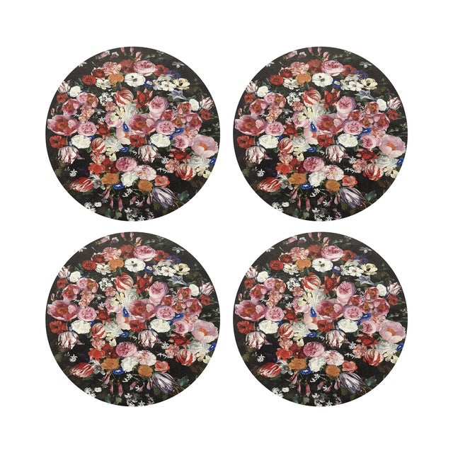 Festoon Flowers Vegan Leather Round Pebble Placemat, Set of 4 For Sale - Image 4 of 5