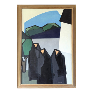 Mid-Century Modern 'Mountain Monastery' Vintage Swedish Original Geometric Abstract Oil Painting, Framed