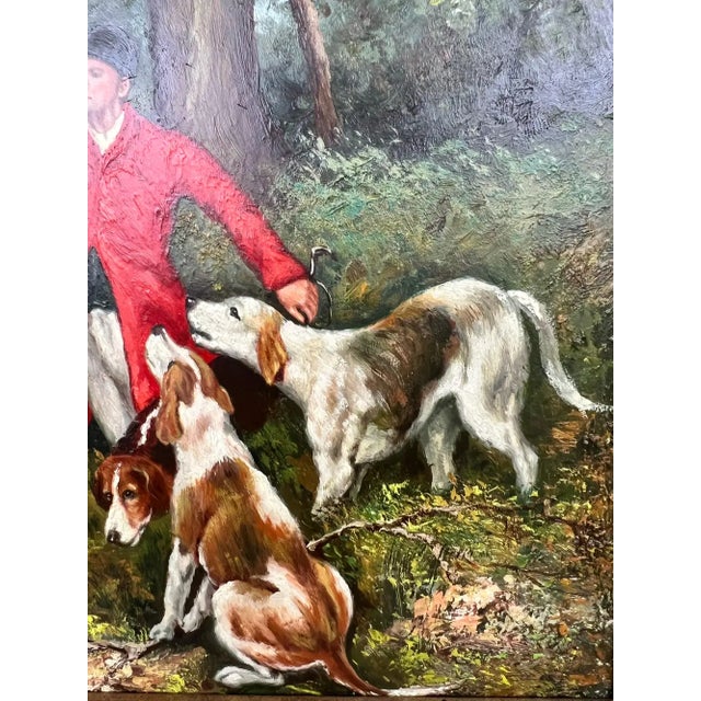 Bone English Sporting Style Oil Painting, Huntsman & Hounds, Ornate Gilt Frame 1980's For Sale - Image 7 of 14