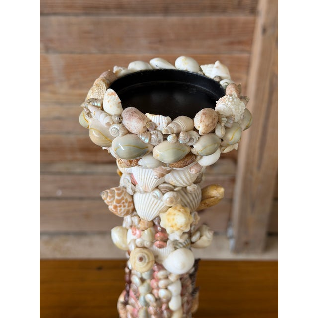 1990s Vintage Handcrafted Coastal Seashell Encrusted Wood Pedestal Candleholder For Sale - Image 5 of 12