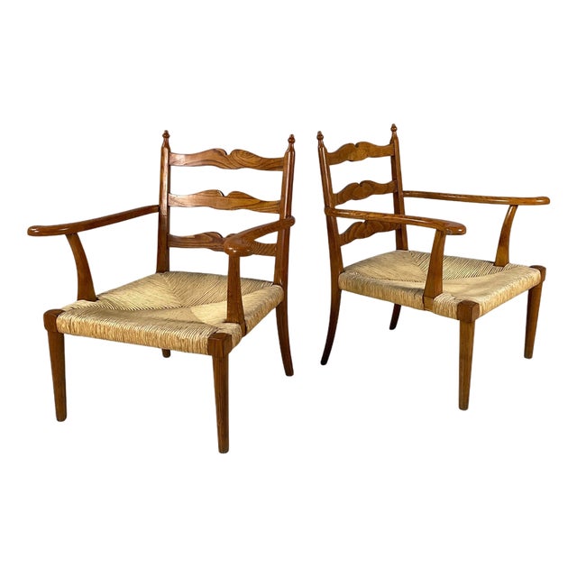 Mid-Century Modern Italian Armchairs in Woven Straw and Wood, 1940s For Sale