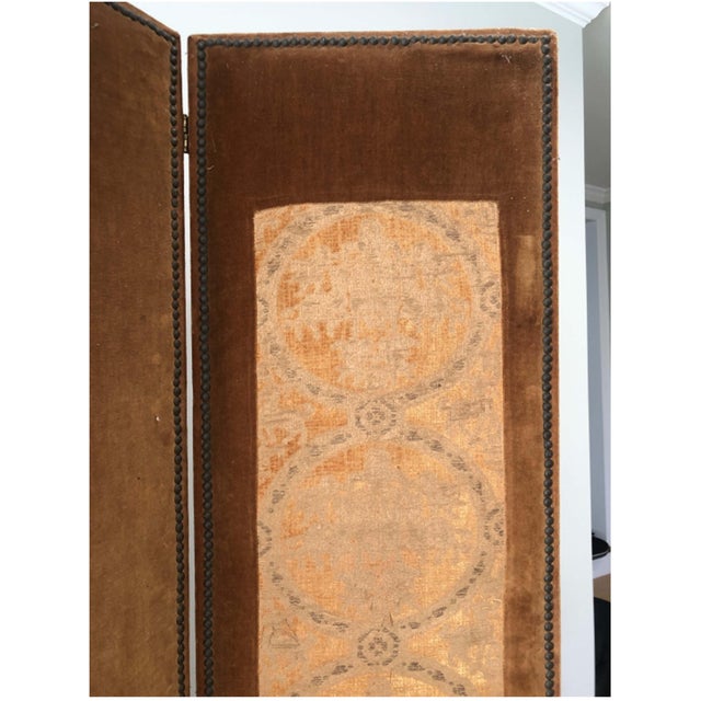 Antique Velvet, Tapestry and Nail Heads Three-Panel Folding Screen For Sale In New York - Image 6 of 9