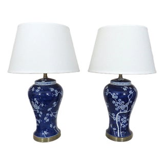 Pair of Lillian August Table Lamps Blue & White Chinoiserie Ginger Jar With Cherry Blossoms For Sale
