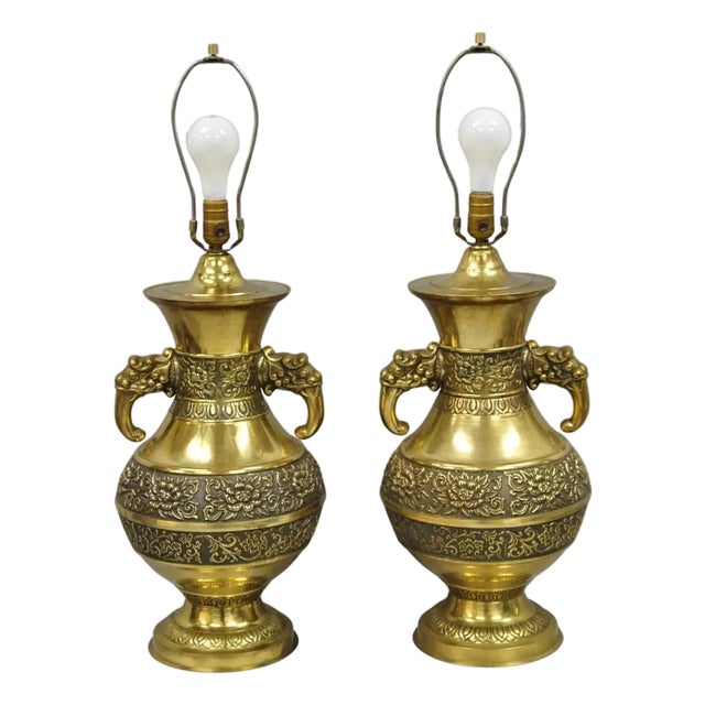 Vintage Brass Chinese Jardinière Elephant Handle Oriental Table Lamps - A Pair For Sale
