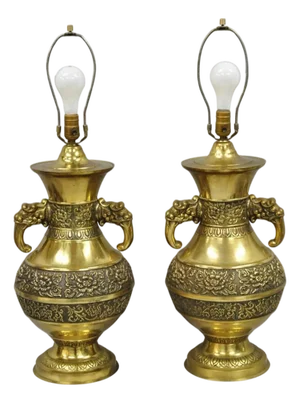 Vintage Brass Chinese Jardinière Elephant Handle Oriental Table Lamps - A Pair