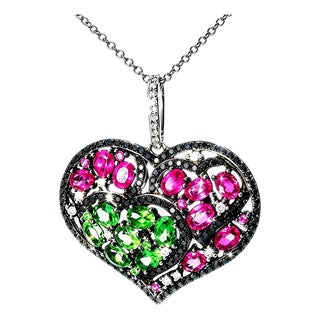 Late 20th Century 18K Black White Gold Diamond with Red Green Sapphires Heart Pendant For Sale