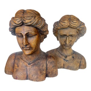 Pair Italian Large Hand Carved Wood Figureheads For Sale