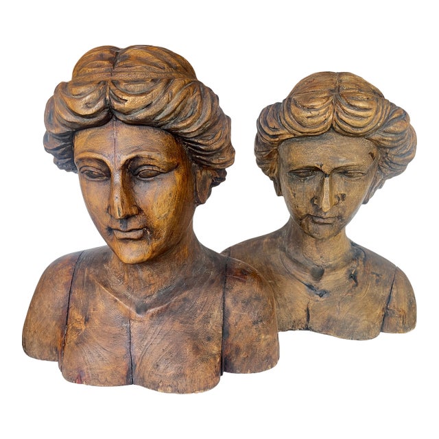 Pair Italian Large Hand Carved Wood Figureheads For Sale