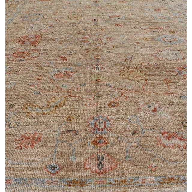 Floral Turkish Angora Oushak With Sandy in Taupe Background and Cream Border 6'1 X 8'9 For Sale - Image 4 of 12