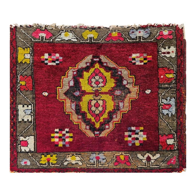 Early 20th Century Turkish Oushak Hand-Knotted Area Rug, , Red & Yellow, 2' x 2' For Sale