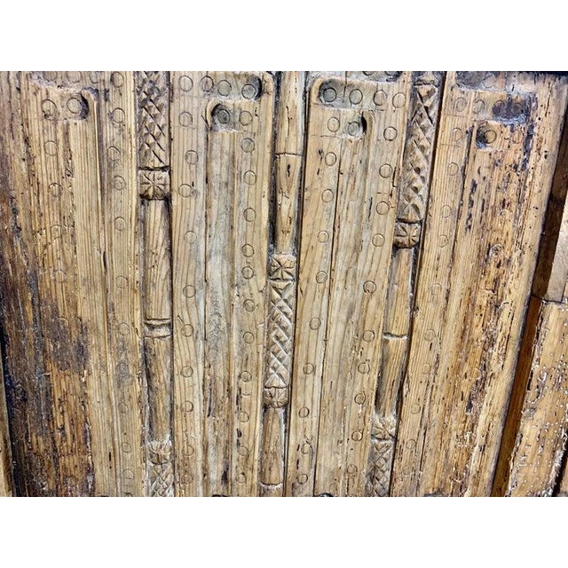 Camel Monumental Spanish Carved Wood Bench, Linen Upholstery, 19th Century For Sale - Image 8 of 13