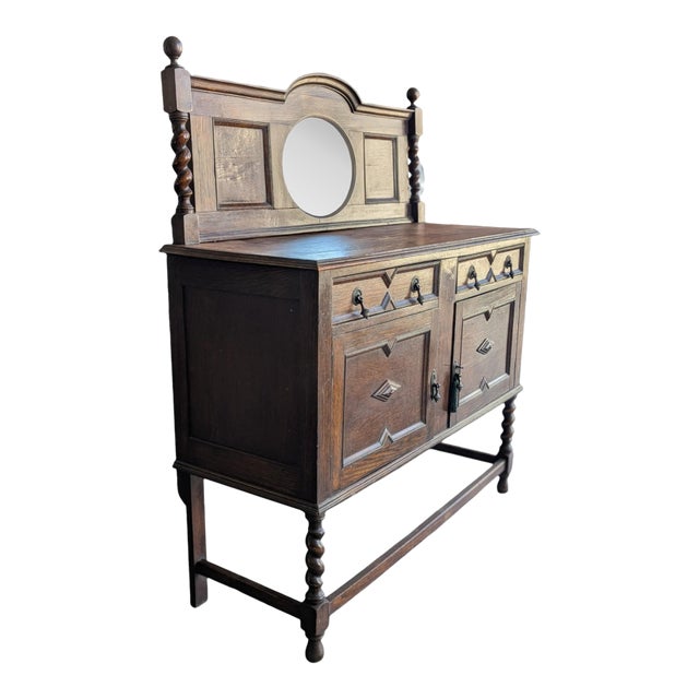 Antique Jacobean Revival Mirrored Buffet With Barley Twist For Sale