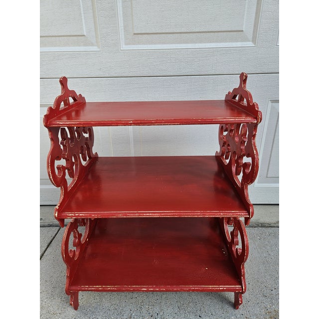 Red and White Antiqued Etagere Side Table For Sale - Image 4 of 10