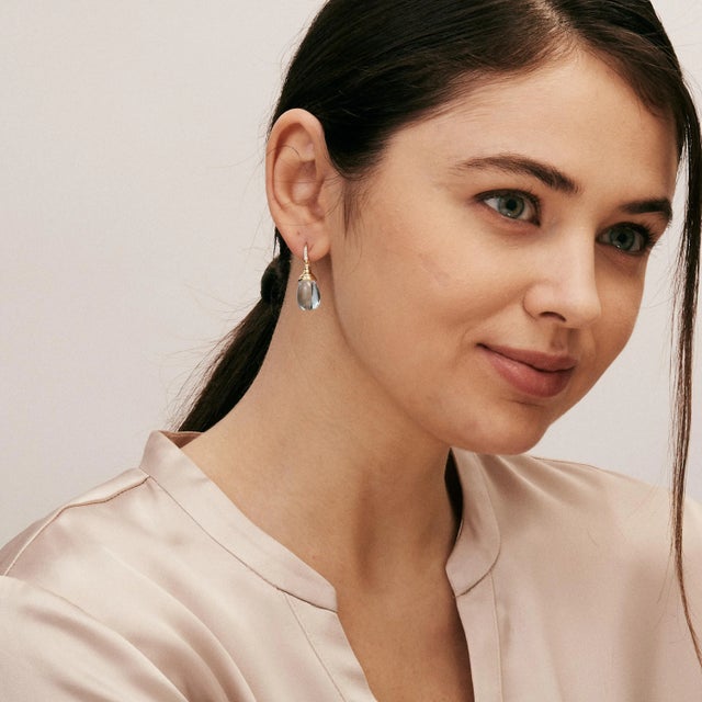 Syna Blue Topaz Yellow Gold Drop Earrings with Diamonds, a