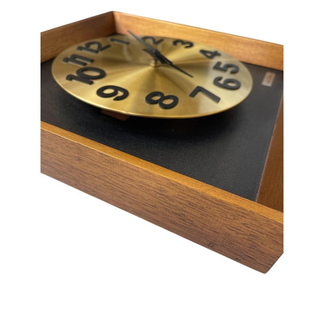 Seth Thomas Clock Company Vintage Mid-Century Modern Seth Thomas Wall Clock "Candid" Model E326-004 in Likely Walnut Shadow Box With Brass Toned Dial For Sale - Image 4 of 10