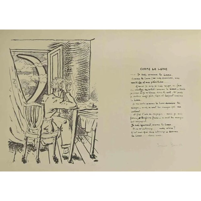 Comme la lune is a lithograph print on ivory-colored paper realized by Giorgio De Chirico and Bruno Barilli in 1945. Hand-...