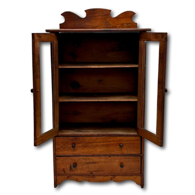 1900 - 1909 Unusual Early 1900s Antique American Miniature Size Wood & Glass Front "Salesmans Sample" Kitchen Hutch - 23 Inches Tall For Sale - Image 5 of 18